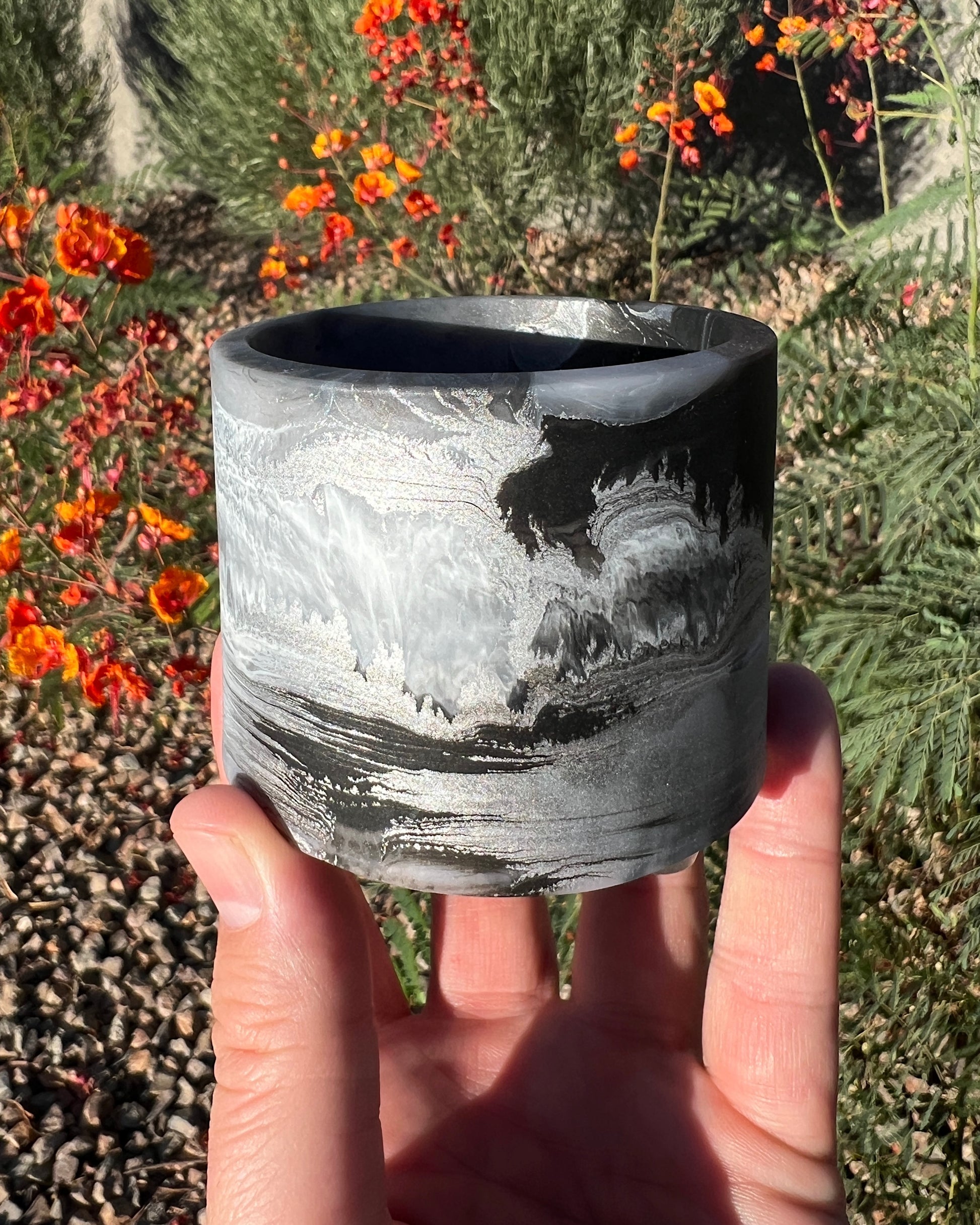 black stone plant pot Marbled, Black, Silver Mini Resin Planter - 2.5 Inch Handmade Plant Pot